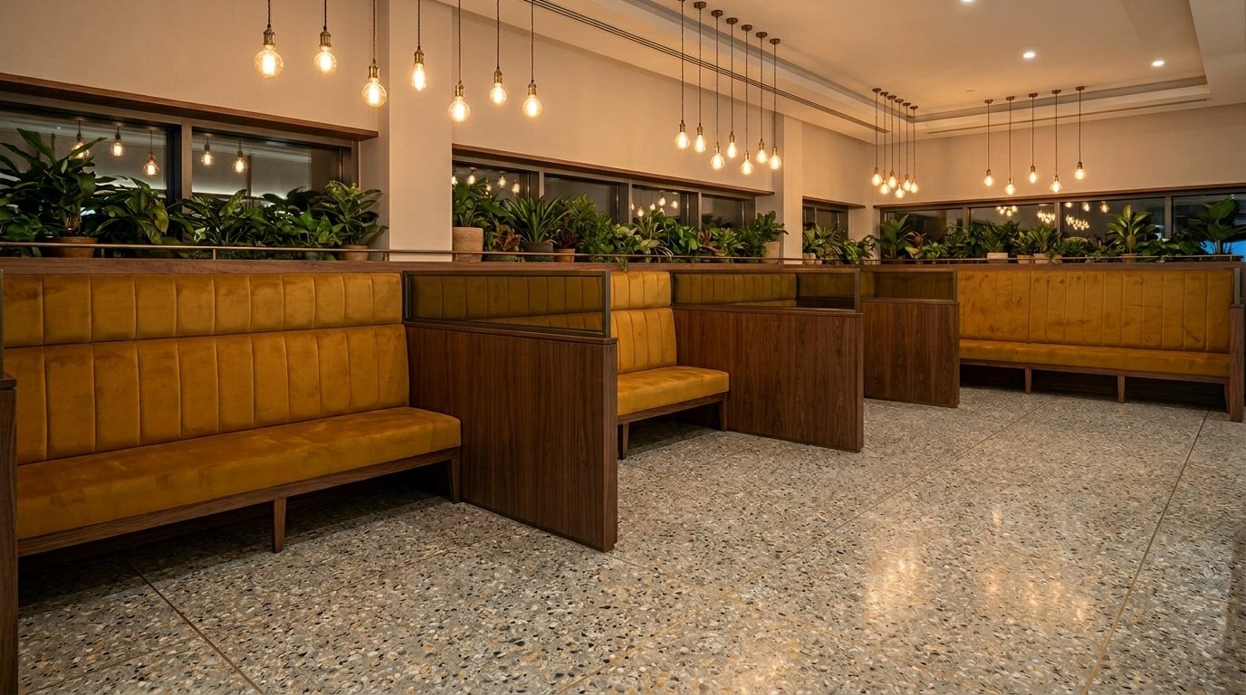 Custom built-in banquette seating with walnut booth dividers and integrated planter troughs in a Dubai restaurant by Karnak Carpentry