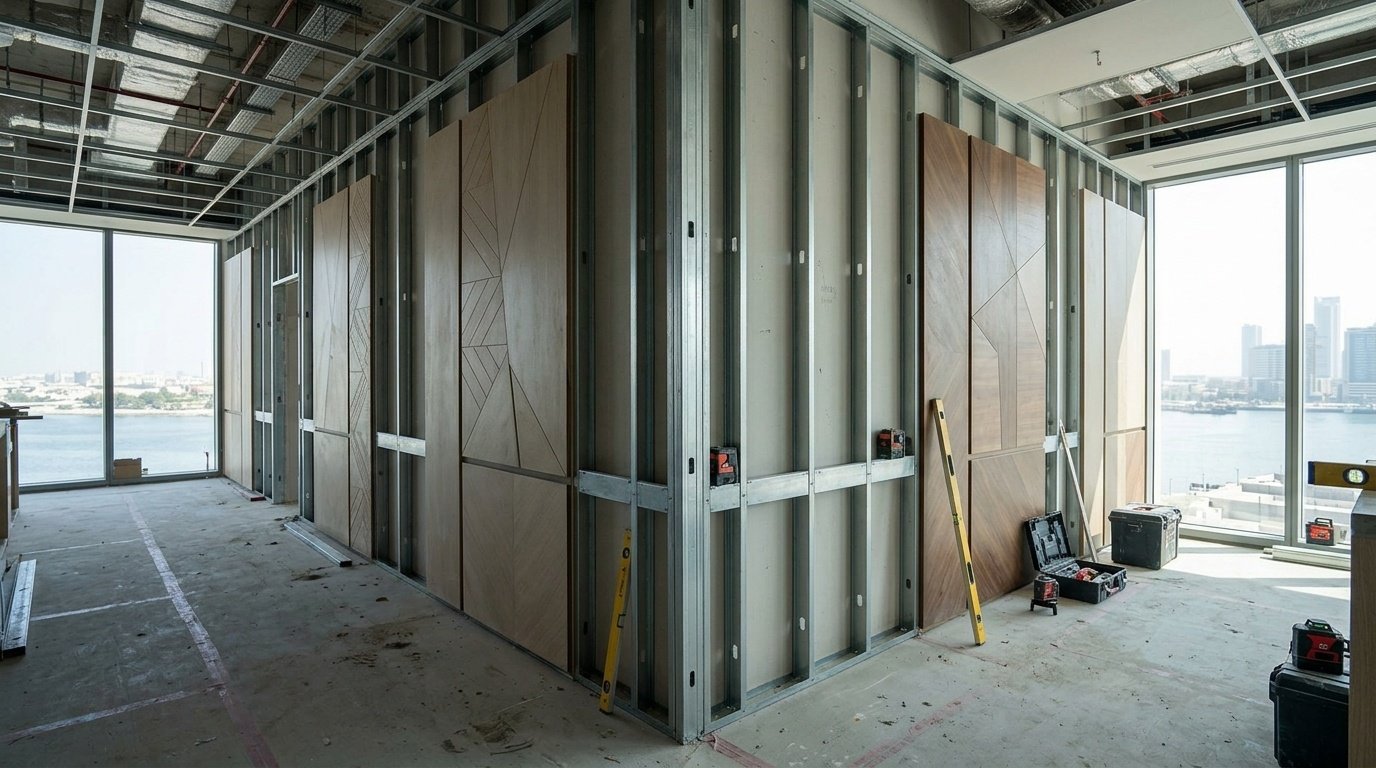 Mid-installation phase of custom wall paneling in a new Dubai Creek restaurant space.