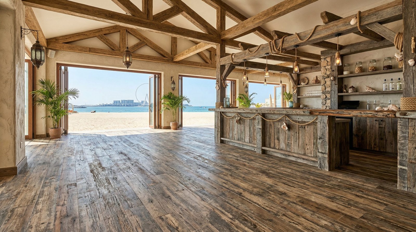 Sand-resistant and waterproof reclaimed-wood-effect LVT in a JBR restaurant.