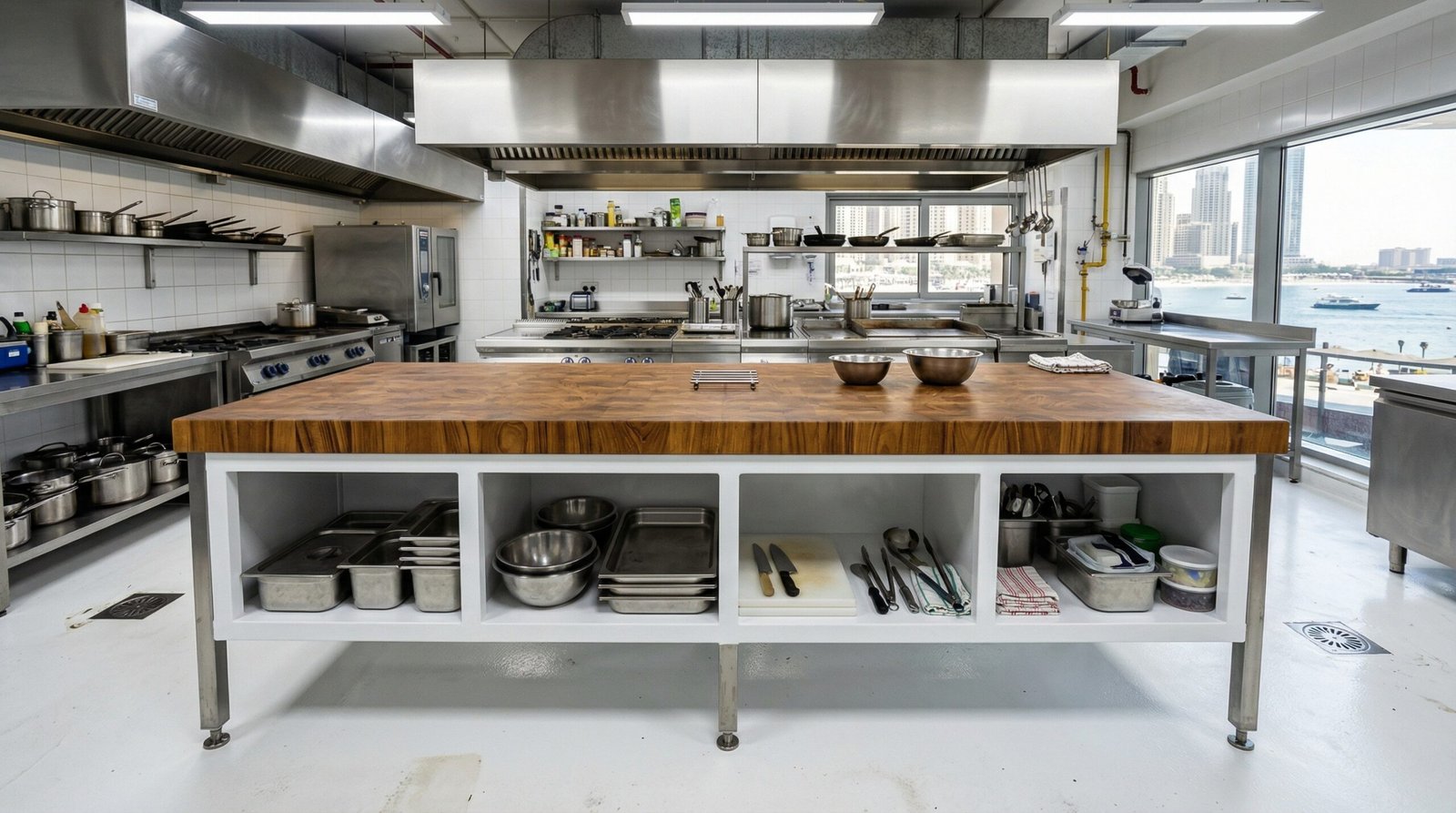 Commercial prep island with solid iroko butcher-block countertop and open storage in JBR waterfront restaurant kitchen Dubai