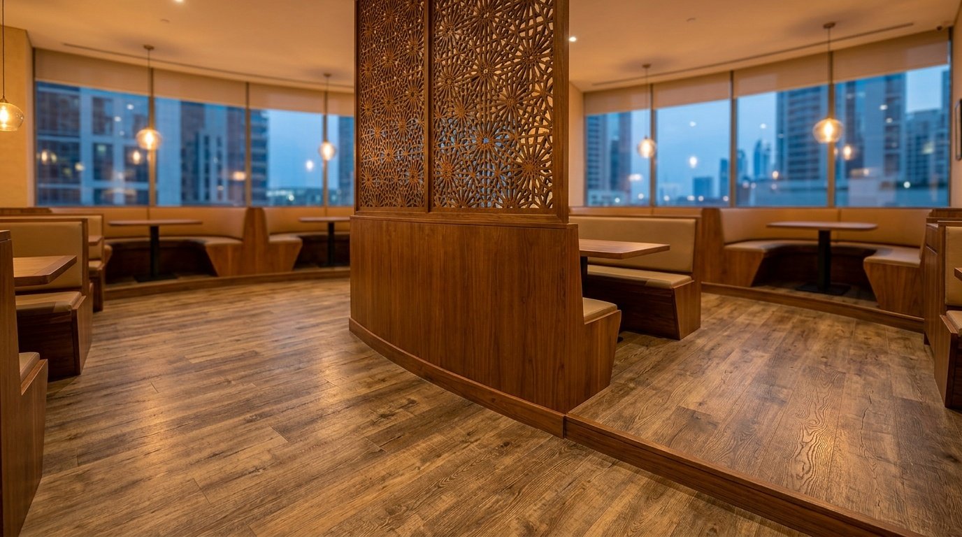 Aged oak luxury vinyl plank flooring in a Business Bay restaurant dining area near timber joinery.