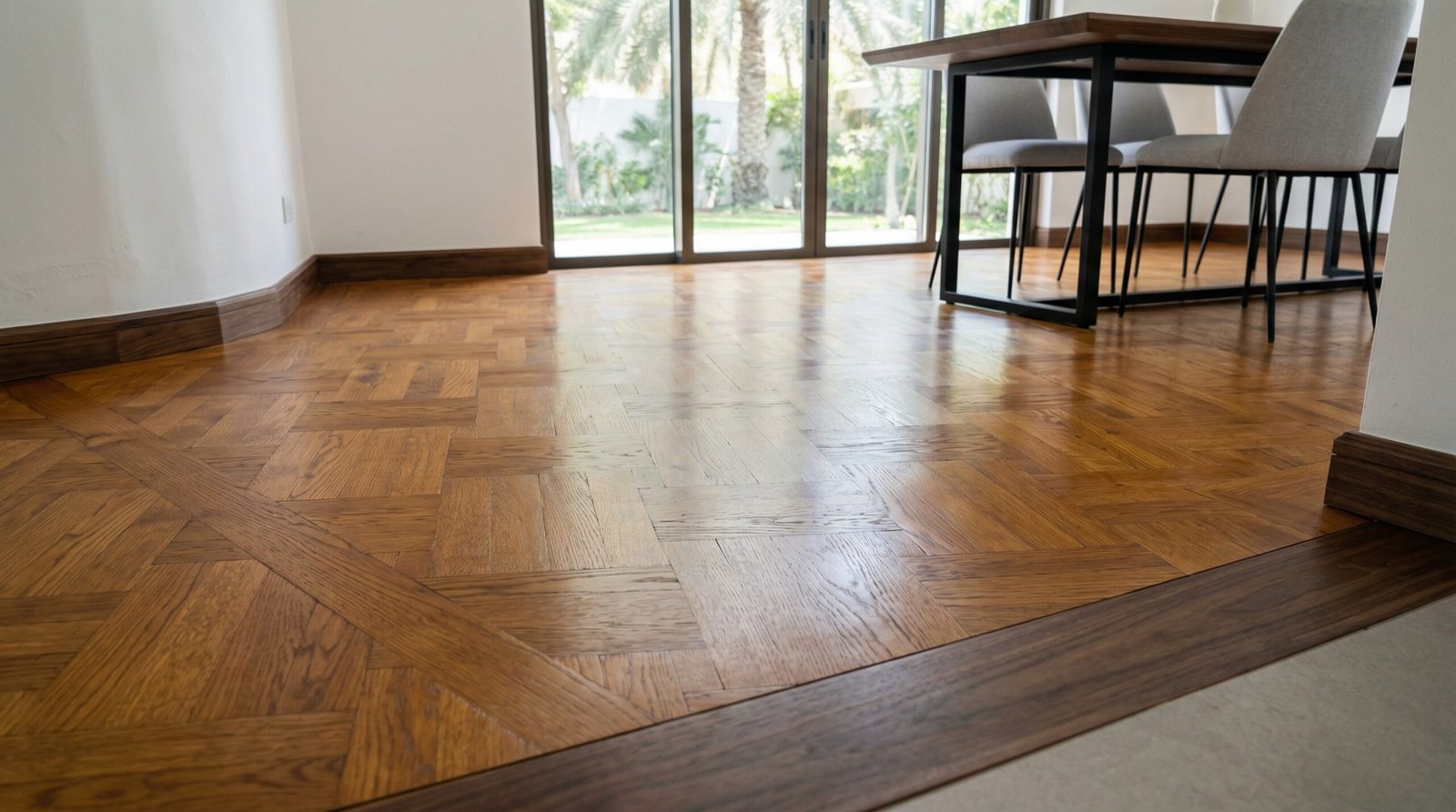 Sanded and refin refinished basketweave oak parquet floor in a renovated Jumeirah villa.
