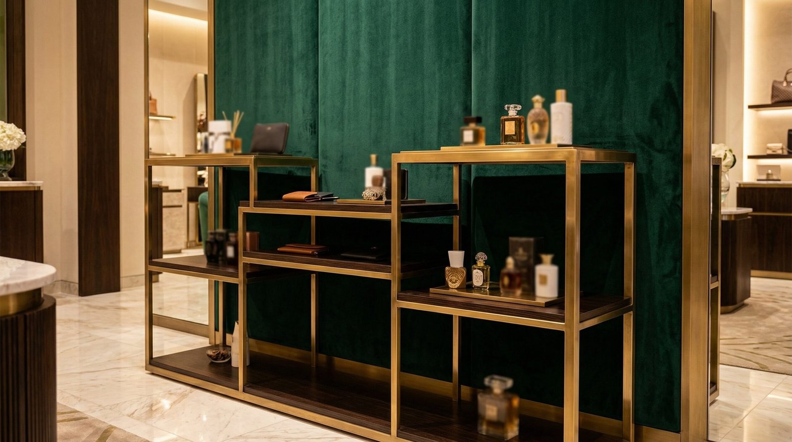 Custom multi-tiered brass and wenge retail display console in a Jumeirah boutique.