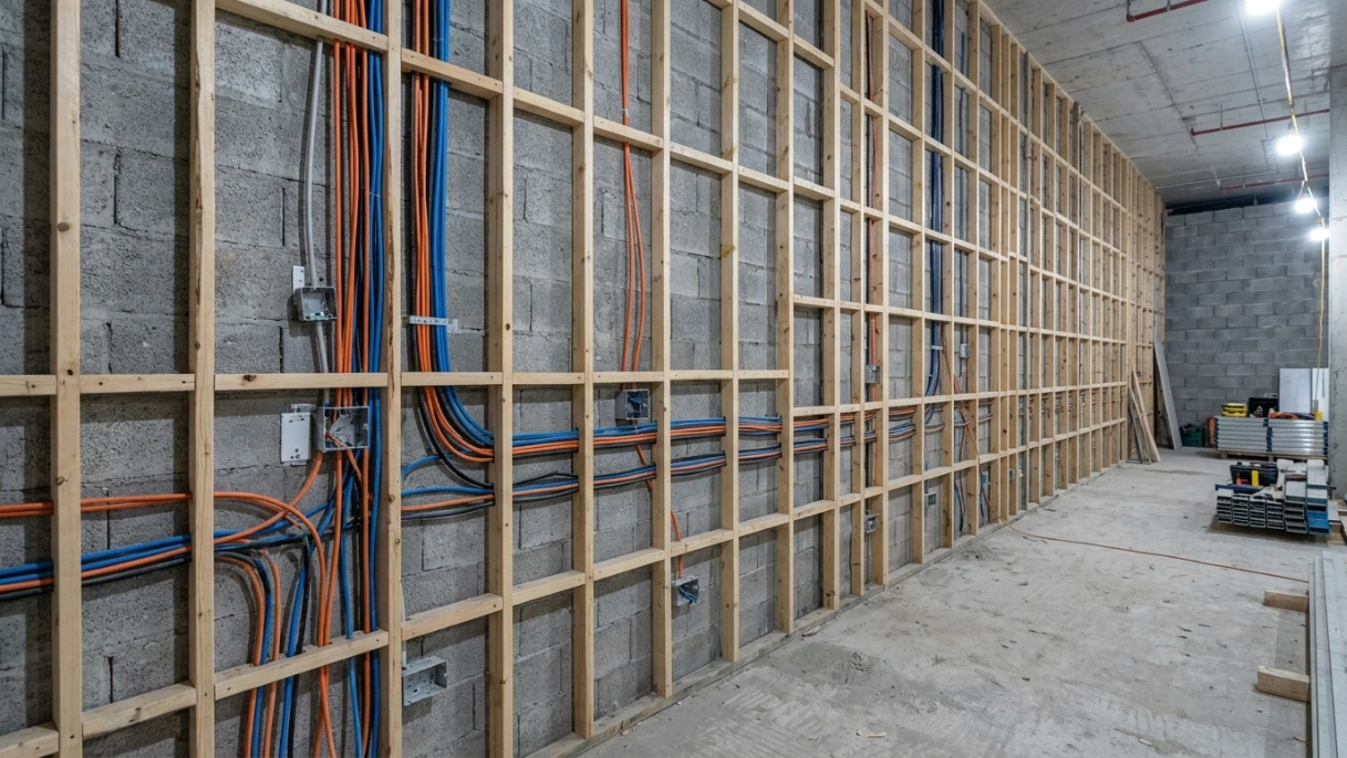 Skeletal perimeter wooden framework being installed in a UAE mall retail unit shell.
