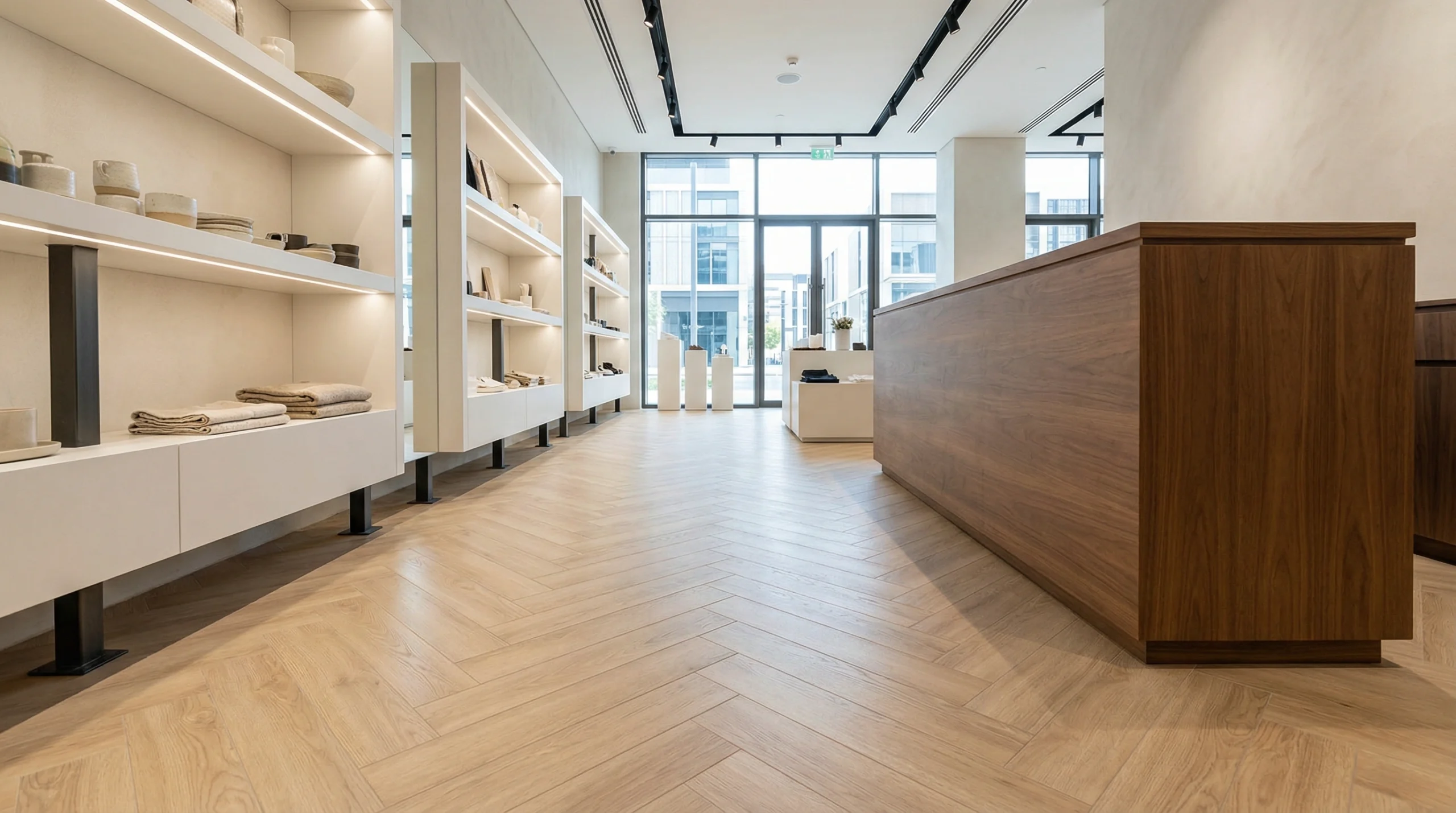 Herringbone pattern light oak SPC flooring in a high-traffic City Walk boutique by Karnak Carpentry.