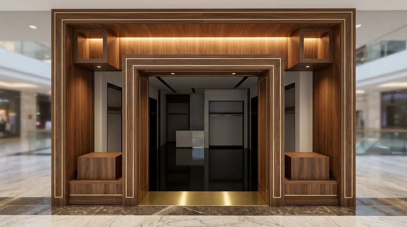 Custom walnut veneer entrance portal with gold inlay and integrated lighting in a Dubai retail store fit-out by Karnak Carpentry