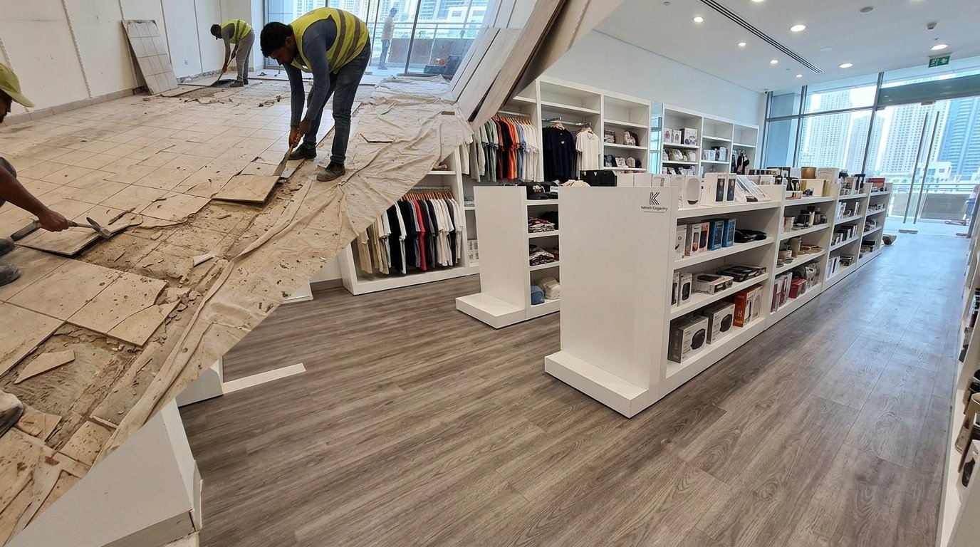 Active retail store flooring replacement showing freshly installed grey vinyl planks near new shelving.