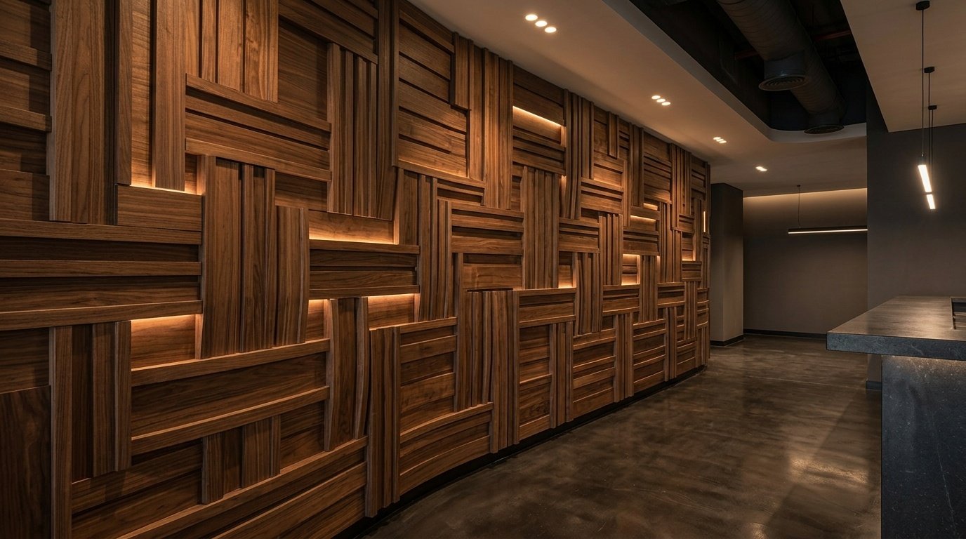 Interlocking dark walnut acoustic timber slats with LED backlighting at Roast Social House, Business Bay.