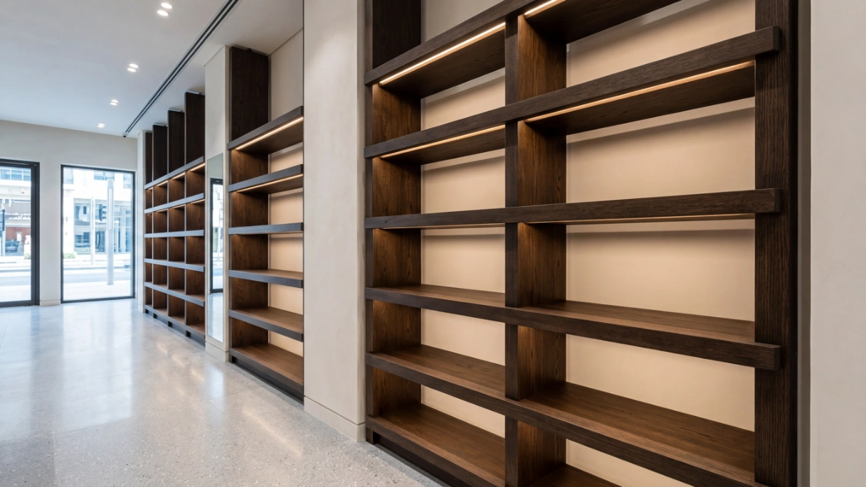 Robust, heavy-duty dark oak built-in shelving units in a luxury Dubai boutique by Karnak Carpentry.