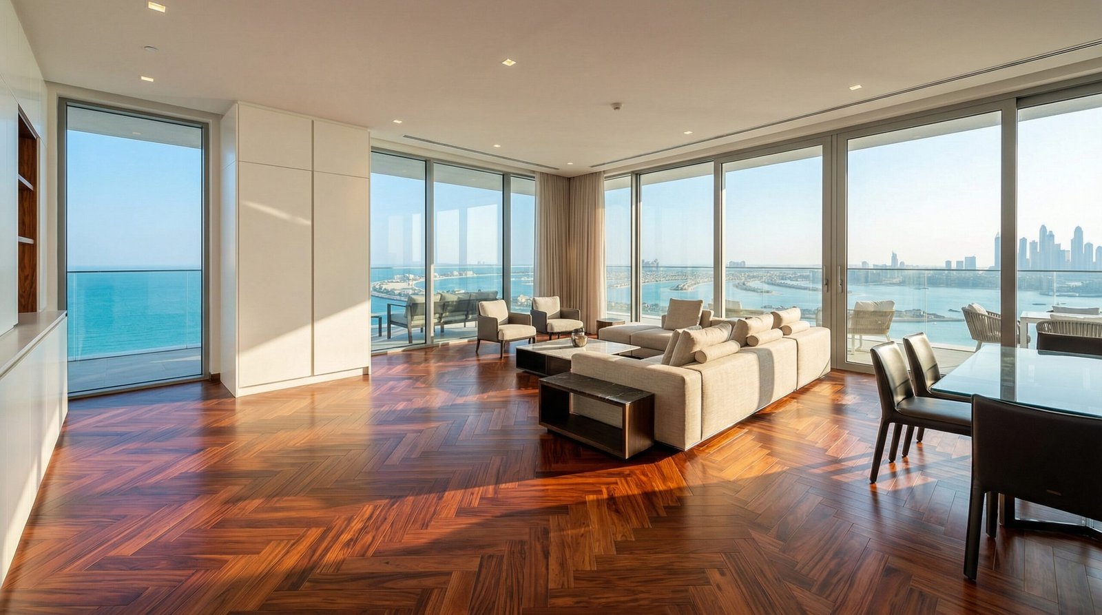 Exotic rosewood herringbone parquet in a luxury Palm Jumeirah penthouse with sea views.