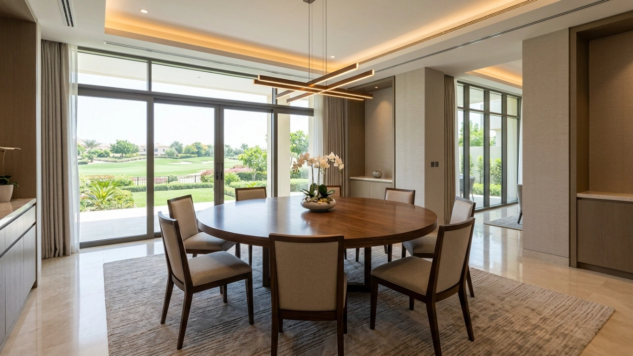 Completed installation of a custom round extension dining table in a Jumeirah Golf Estates villa, Dubai.