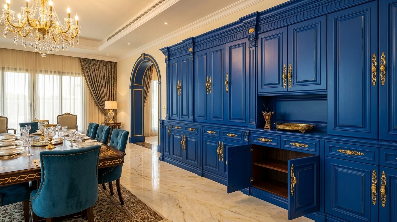 Royal blue and gold statement dining cabinetry, Sharjah villa.