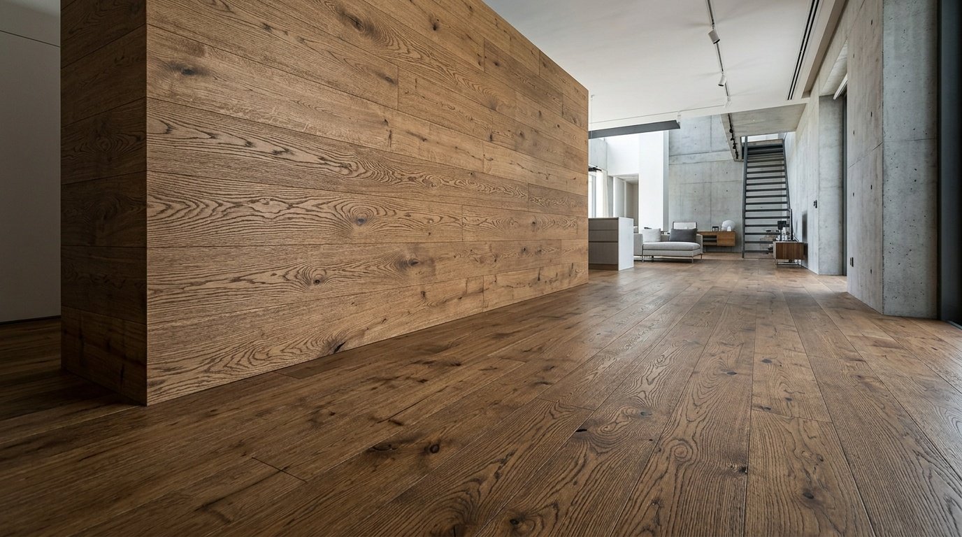 Oak flooring running seamlessly into a matching wall partition.