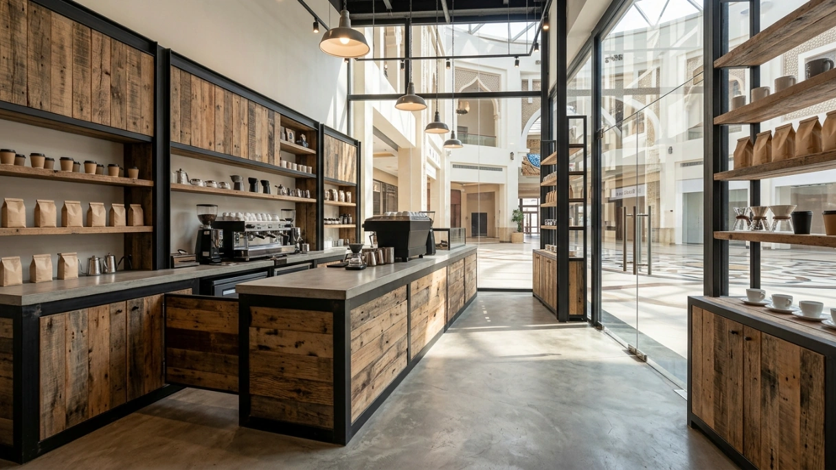 Rustic reclaimed timber built-in cabinetry for a specialty coffee concept store in a Sharjah mall.