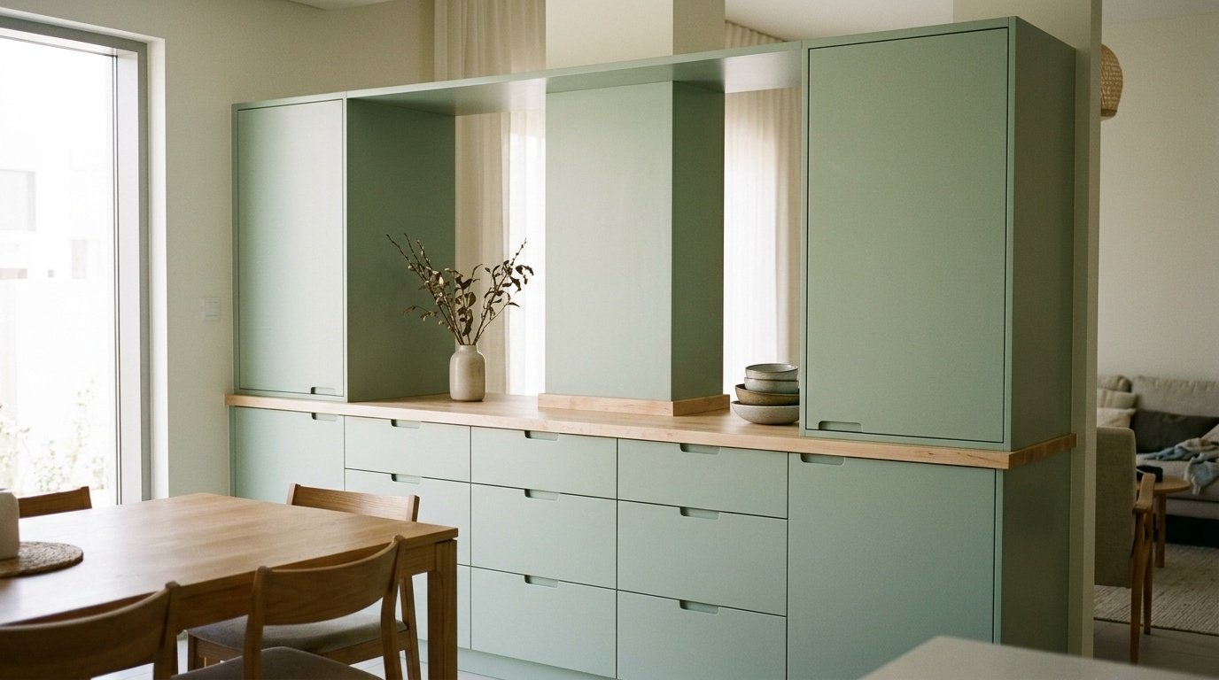 Custom sage green dining cabinetry installed in a Mudon family home.