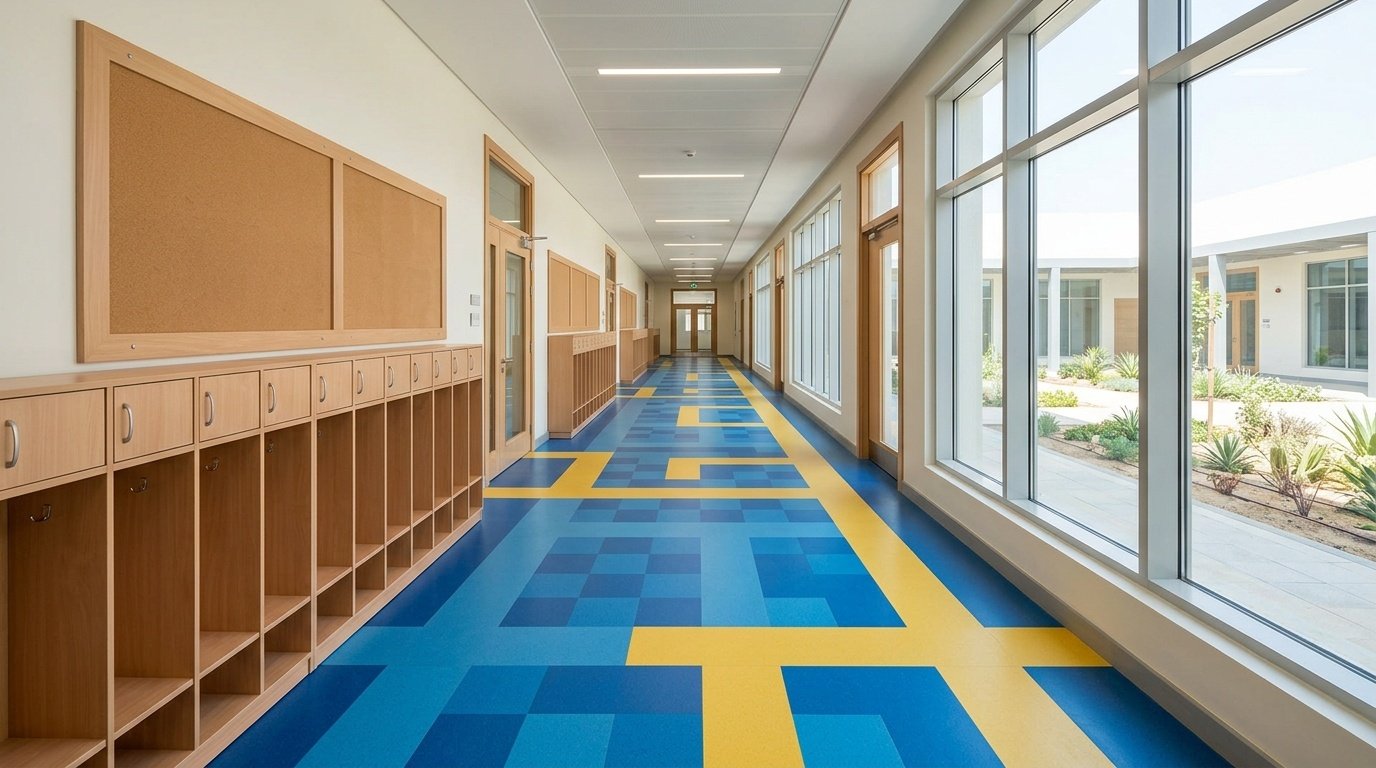 Durable blue and yellow VCT grid flooring creating paths in a Sharjah school corridor with custom cubbies.