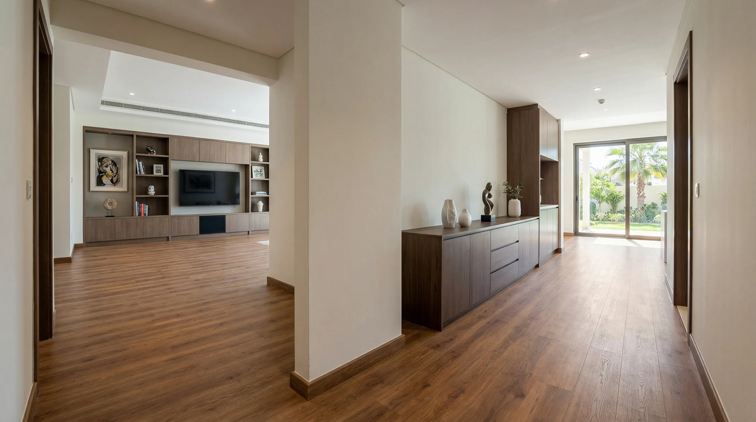 Seamless warm chestnut oak SPC flooring flowing through a modern UAE townhouse by Karnak Carpentry.