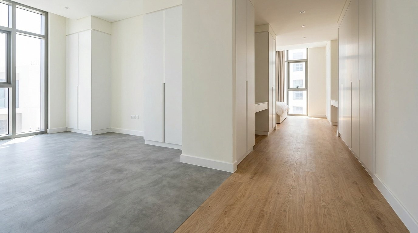 Seamless grey and wood-grain LVT flooring throughout a modern Al Barsha townhouse with custom joinery.