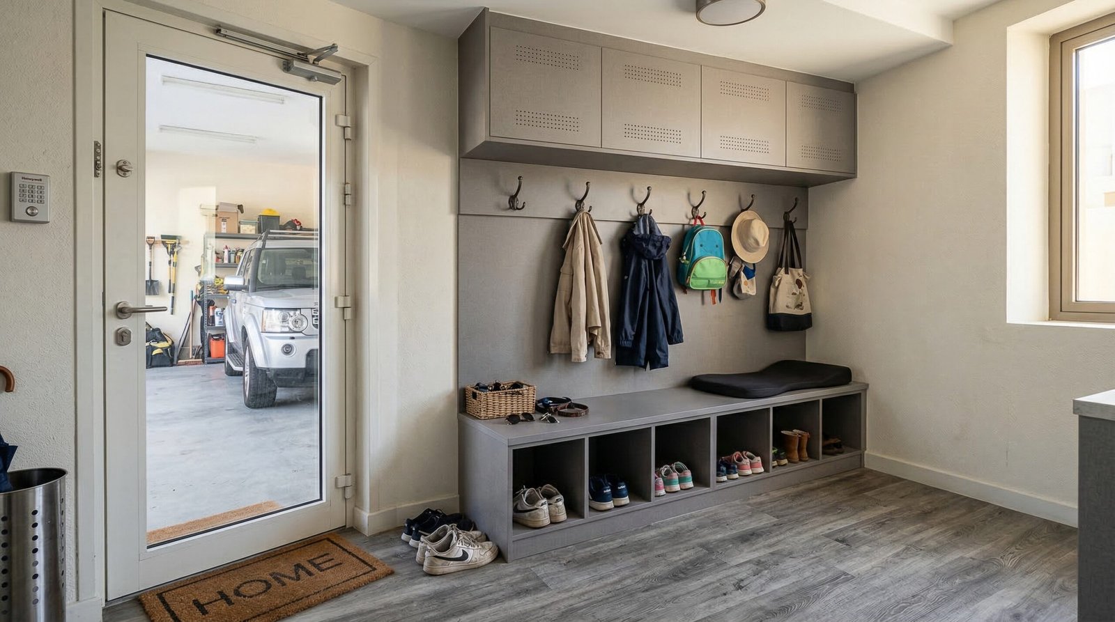 Fitted secondary entrance shoe storage bench with ventilated cabinets and hook panel in grey laminate in Jumeirah Park Dubai villa
