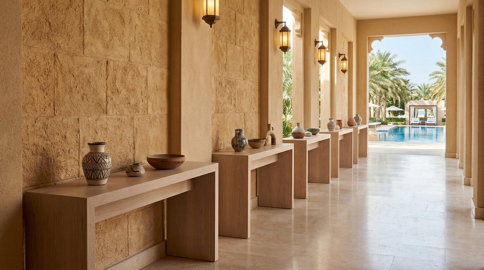 Sequential bleached oak console tables in a luxury Ras Al Khaimah resort corridor.