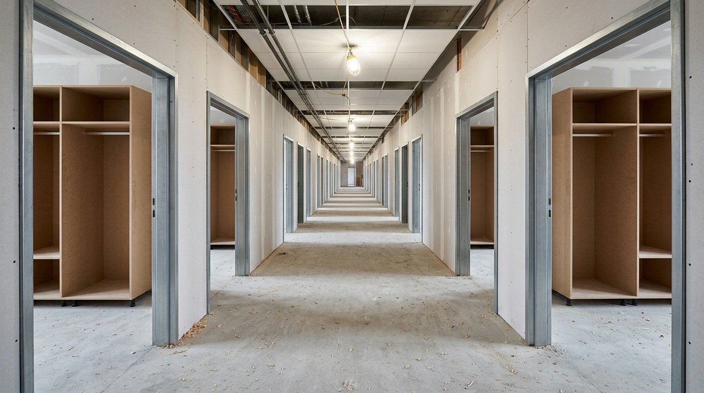 Sequential installation of wardrobes and door frames across twenty identical hotel rooms.