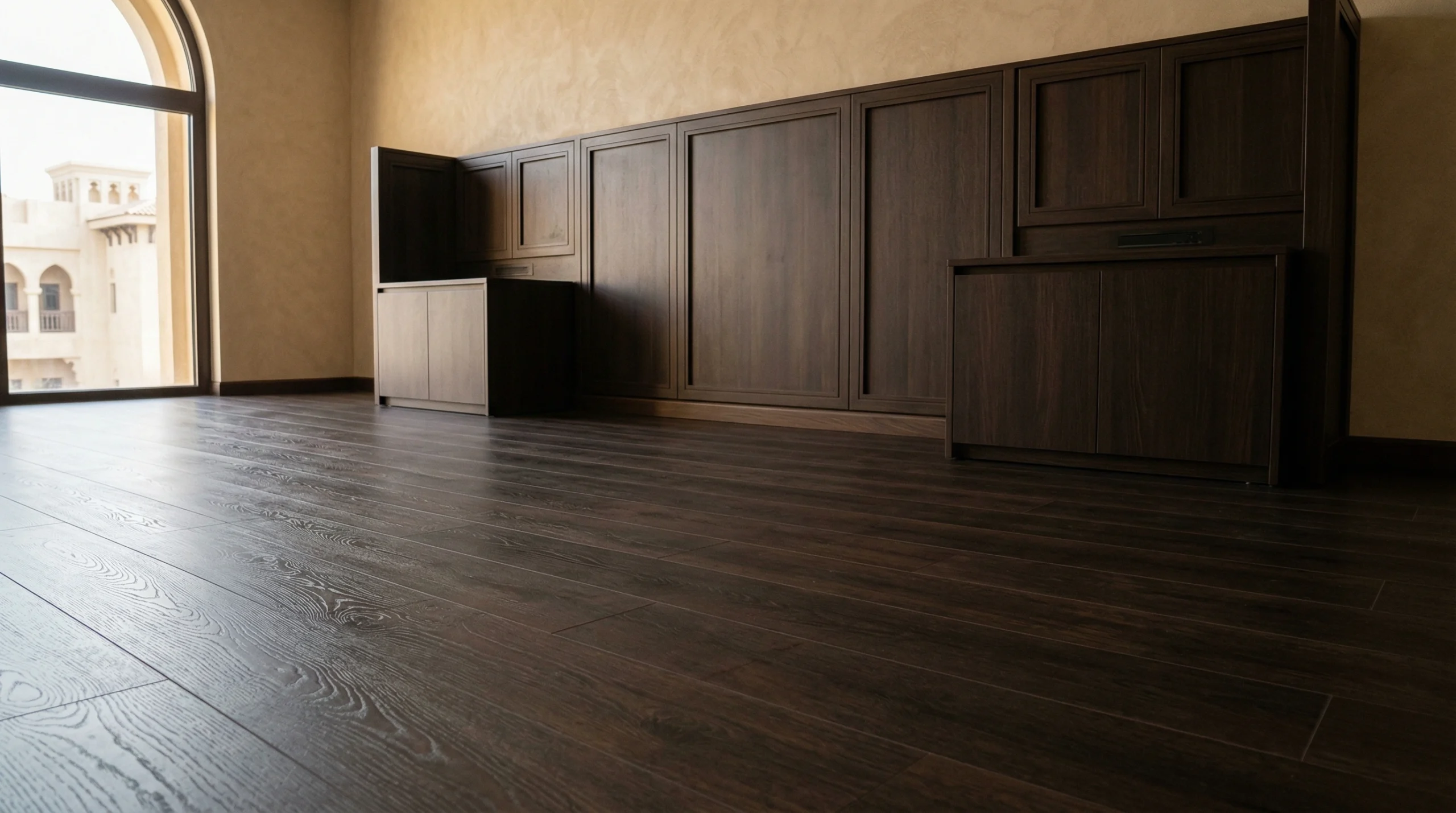 Dark espresso wood grain SPC flooring in a luxurious master suite.