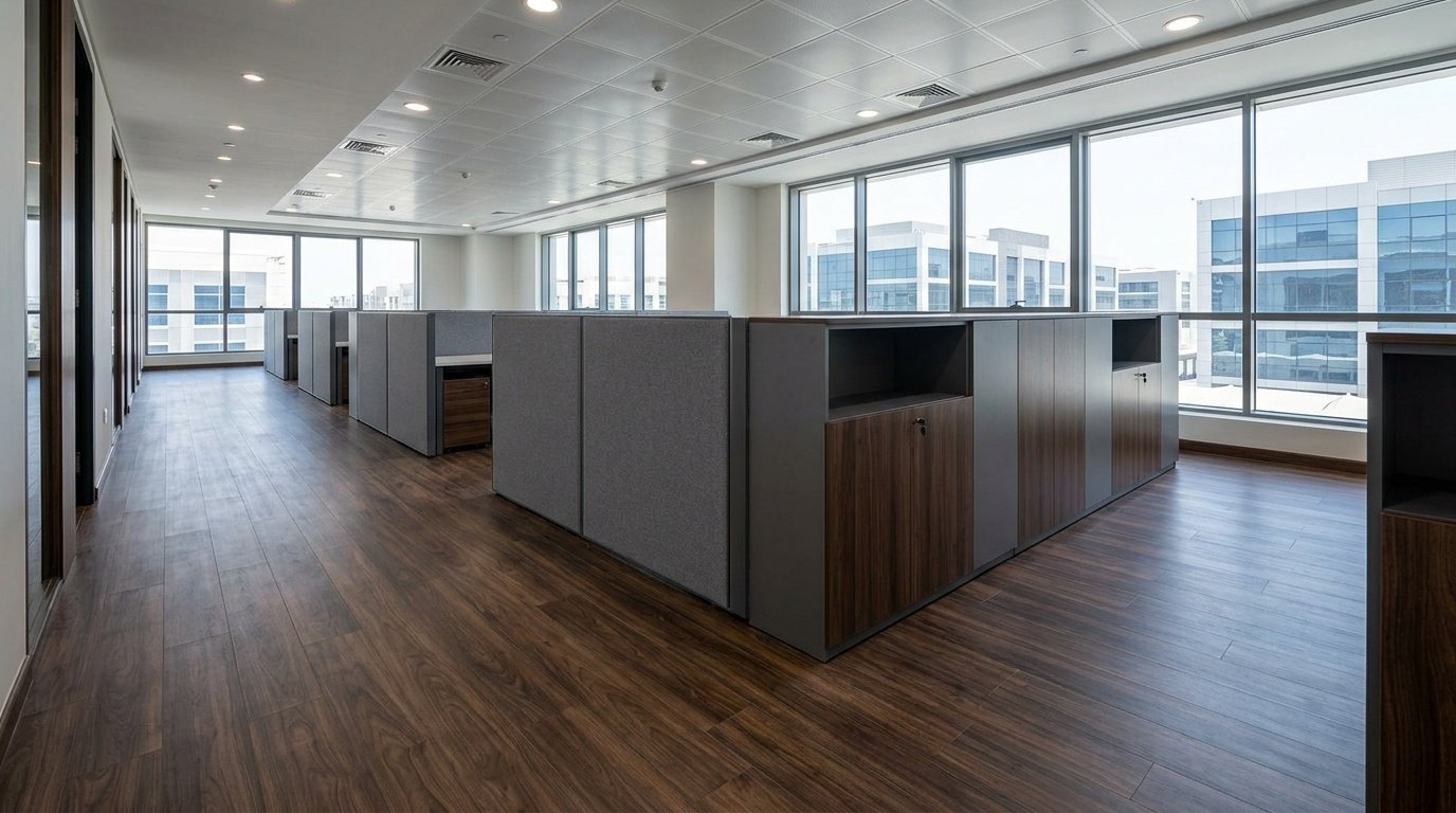 Commercial-grade dark walnut AC5 laminate flooring in a functional Sharjah office space with joinery.