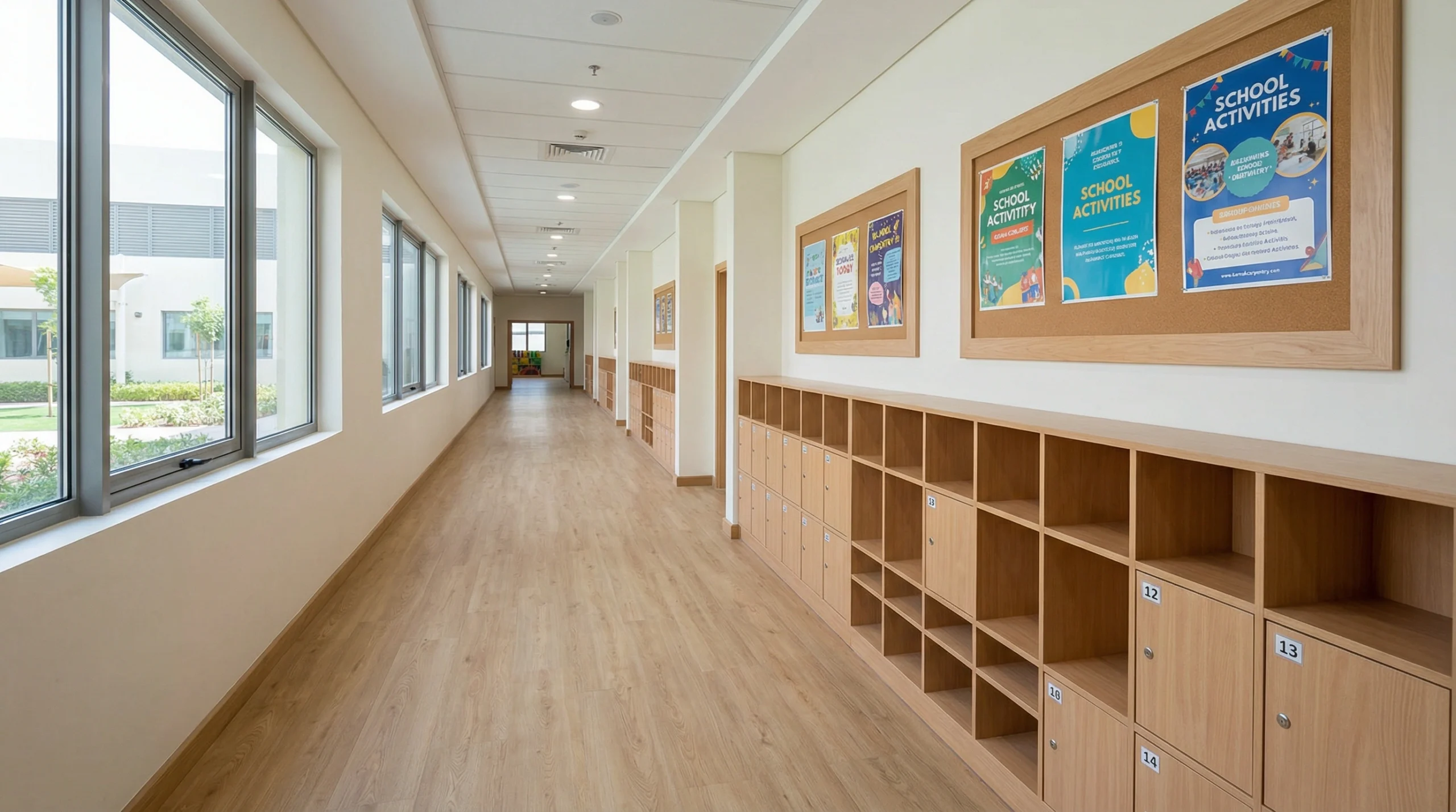 High-traffic AC5 light oak laminate flooring in a Sharjah private school corridor near custom joinery.
