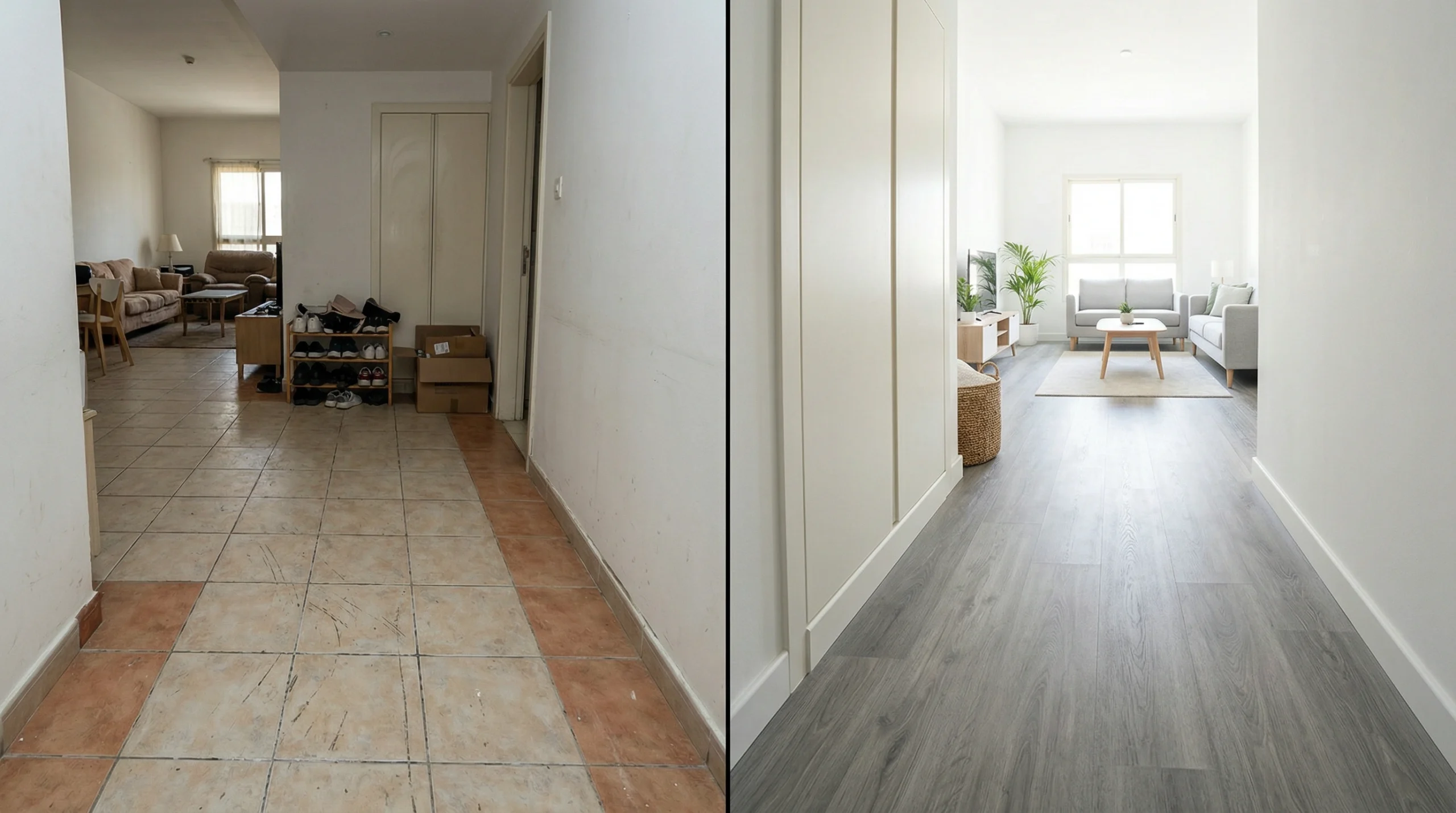Before and after laminate flooring installation in a Sharjah residence.