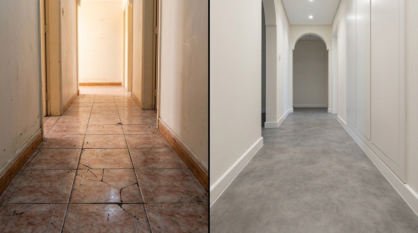 Before and after vinyl flooring installation in a Sharjah residence