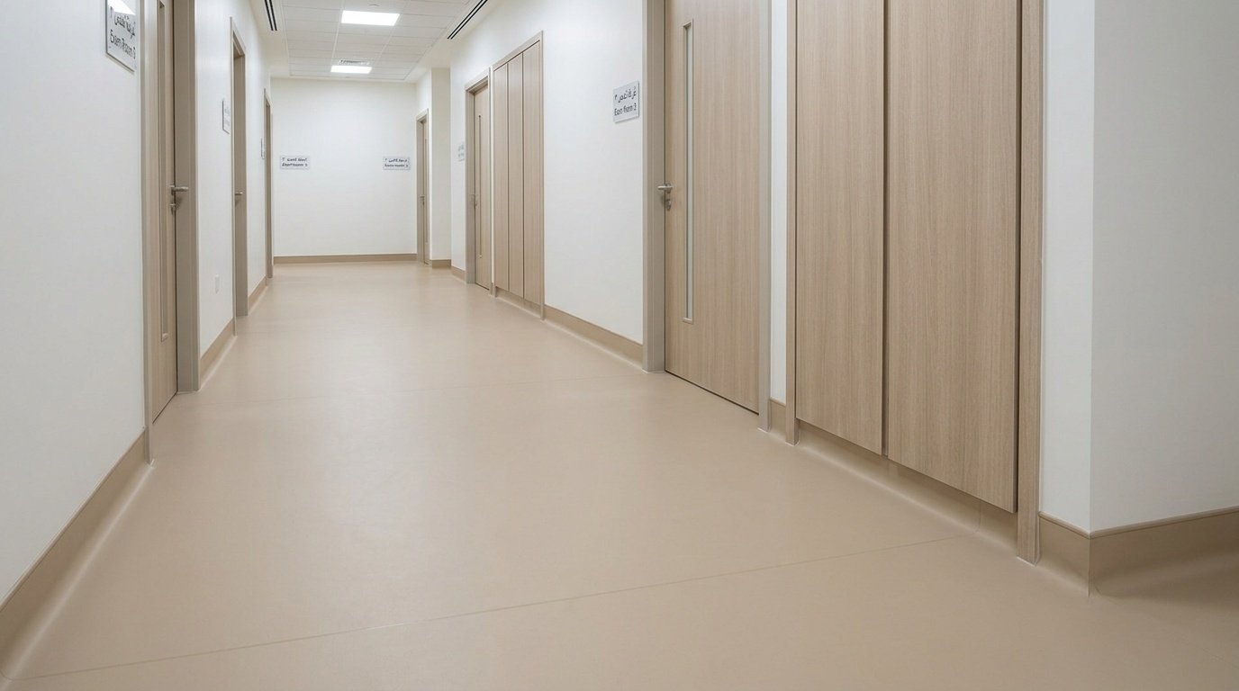 Seam-welded healthcare sheet vinyl flooring in an Abu Dhabi clinic hallway with custom joinery by Karnak Carpentry.