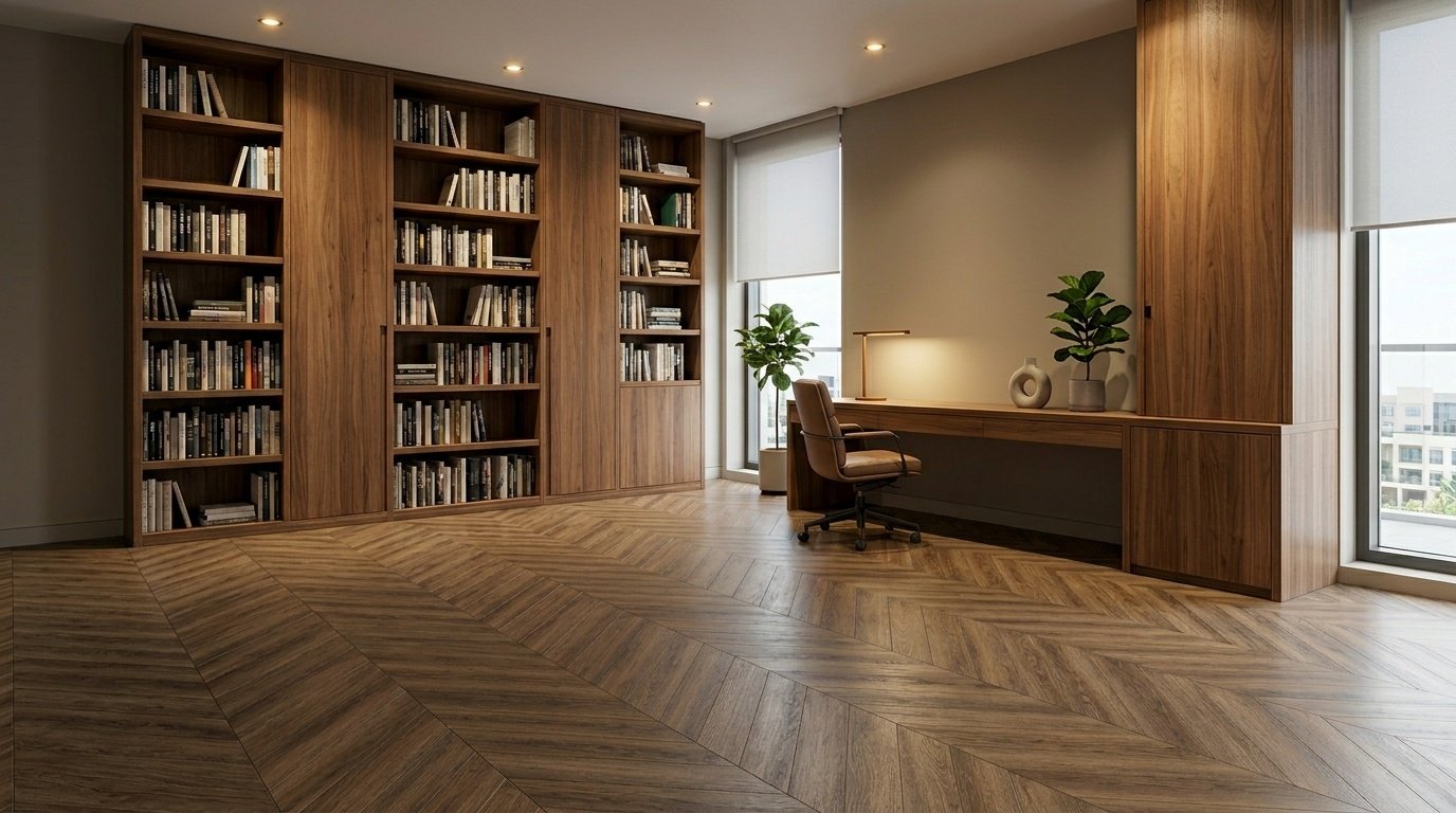 Smoked oak chevron vinyl flooring in a custom home office.