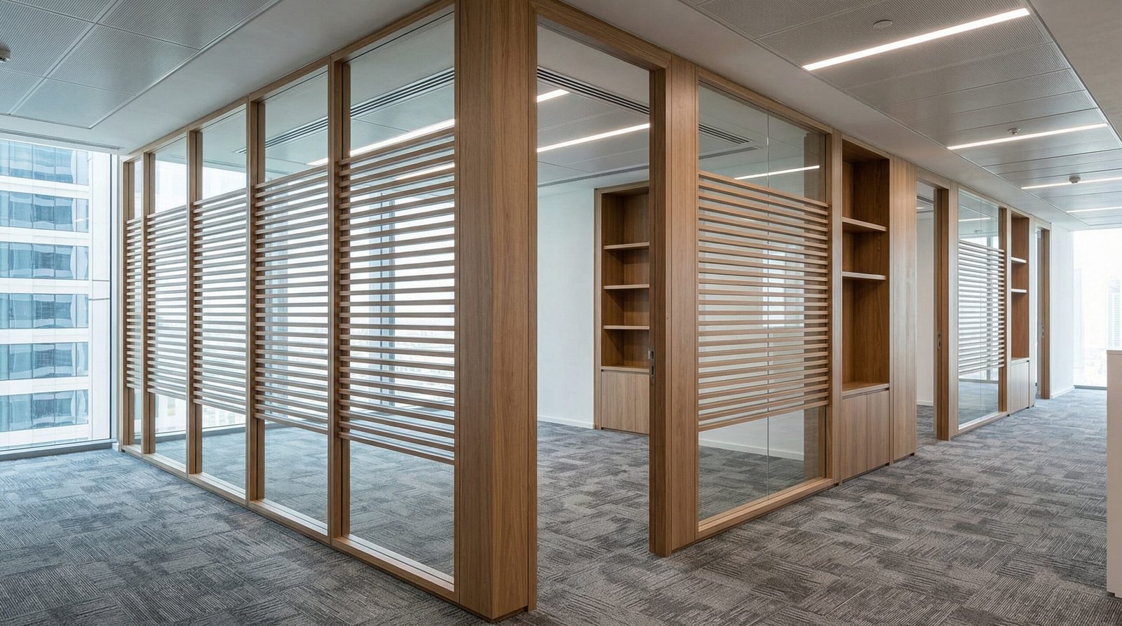 Modern slatted glass and wood meeting room partitions with integrated storage in a Business Bay office.