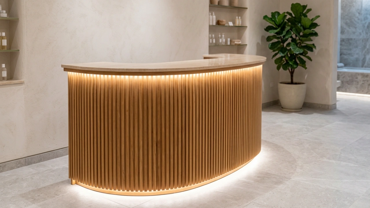 Completed slatted teak wood retail reception desk installation.