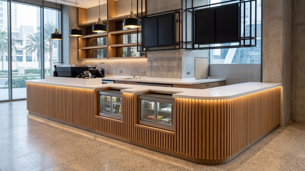 Fitted slatted wood cafe service counter with solid surface top and integrated alcoves, Dubai.