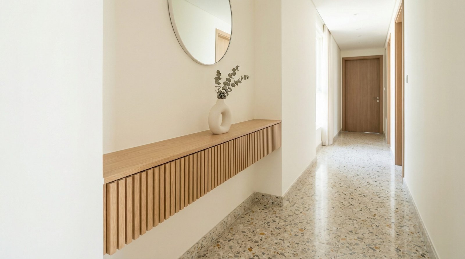 Custom slim oak console table designed for narrow hallway proportions in Dubai.