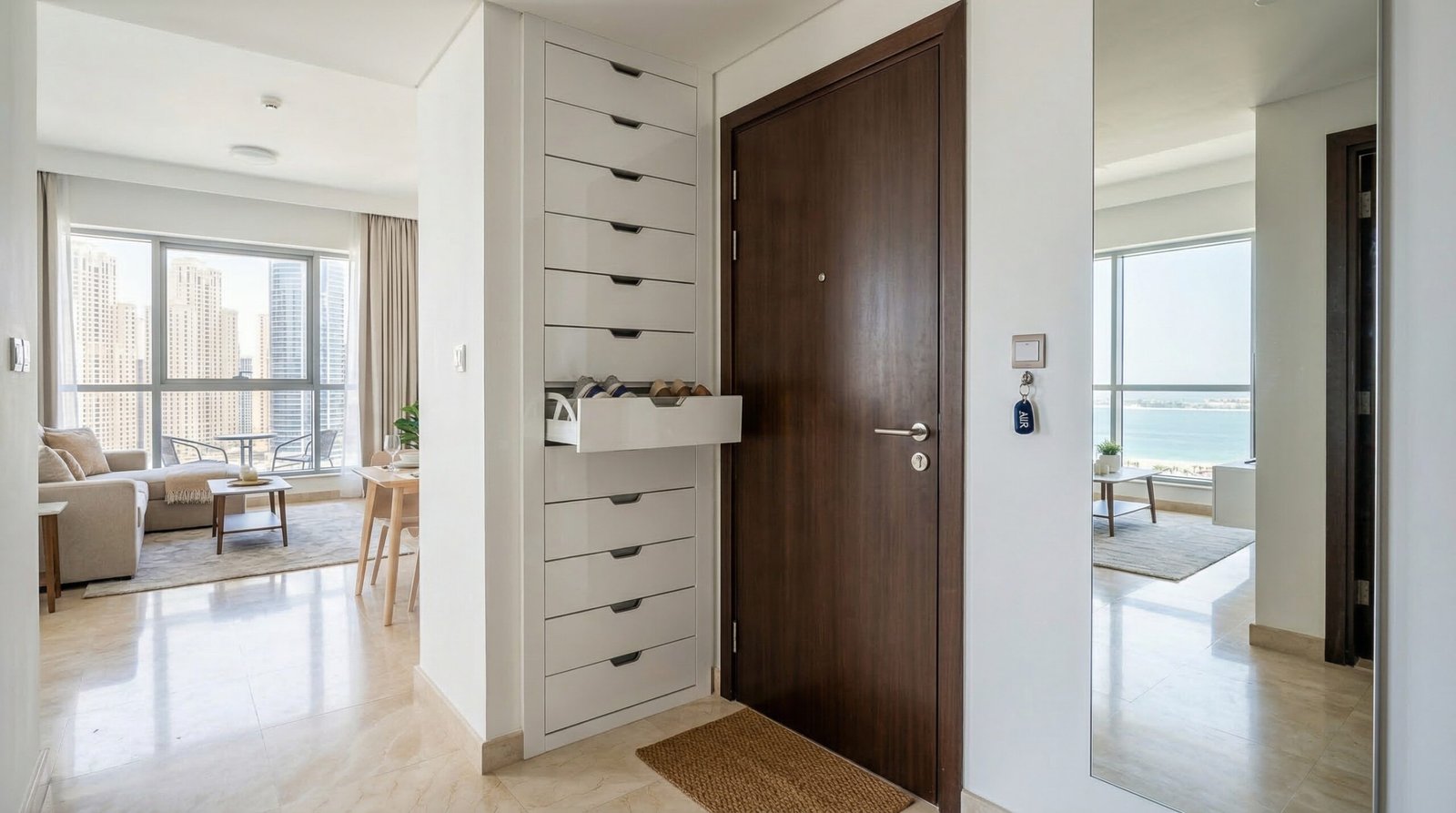 Slim floor-to-ceiling flip-front shoe storage column beside front door in white gloss in JBR Jumeirah Beach Residence studio apartment