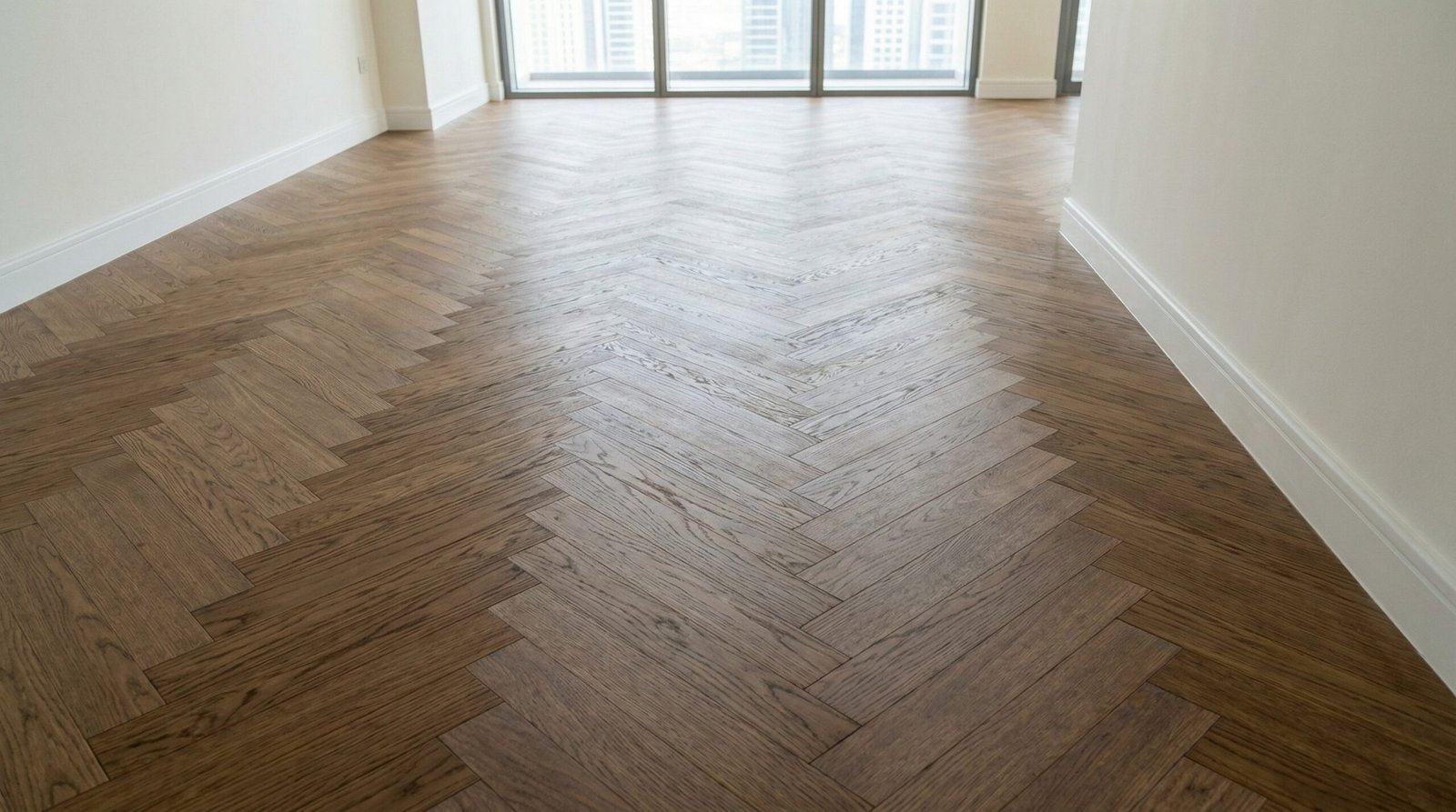 Smoked oak herringbone parquet flooring installed in a modern Dubai residential living area by Karnak Carpentry.