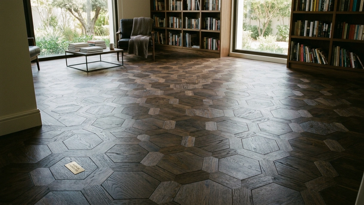 Unique smoked oak hexagonal pattern parquet flooring installed in a private library in Nad Al Sheba by Karnak Carpentry.