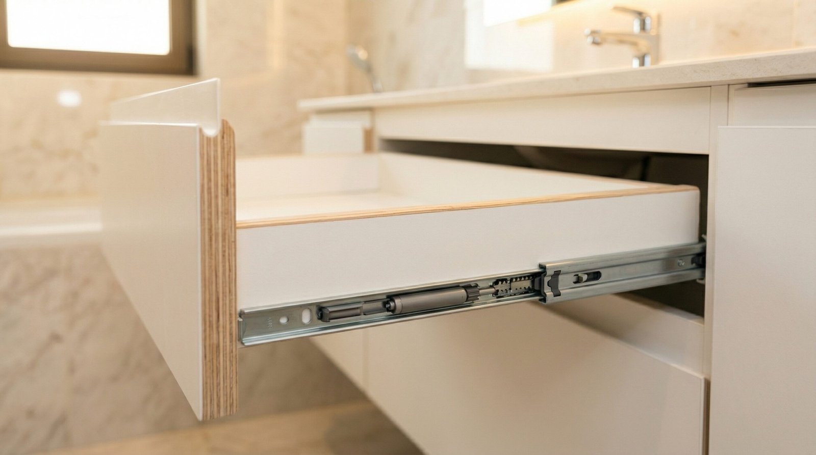 Blum Tandem soft-close drawer runner mechanism installed inside open bathroom vanity drawer in UAE villa bathroom