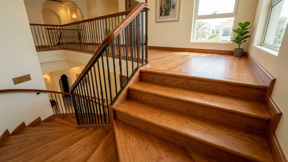 Custom solid cherry wood staircase treads and landing flooring installed by Karnak Carpentry in a Mirdif villa, detailing edge profiles.