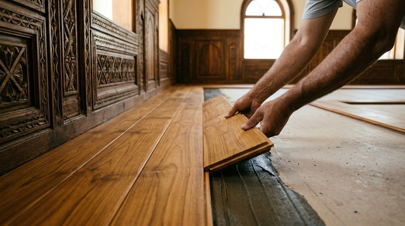 Solid teak hardwood flooring installation in a traditional Al Ain Majlis with carved joinery by Karnak Carpentry.