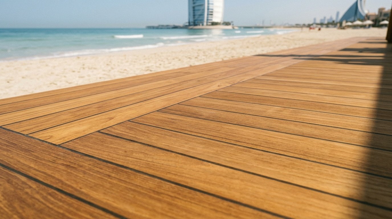 Durable solid teak wood flooring installed on a waterfront cafe terrace in Jumeirah, Dubai.
