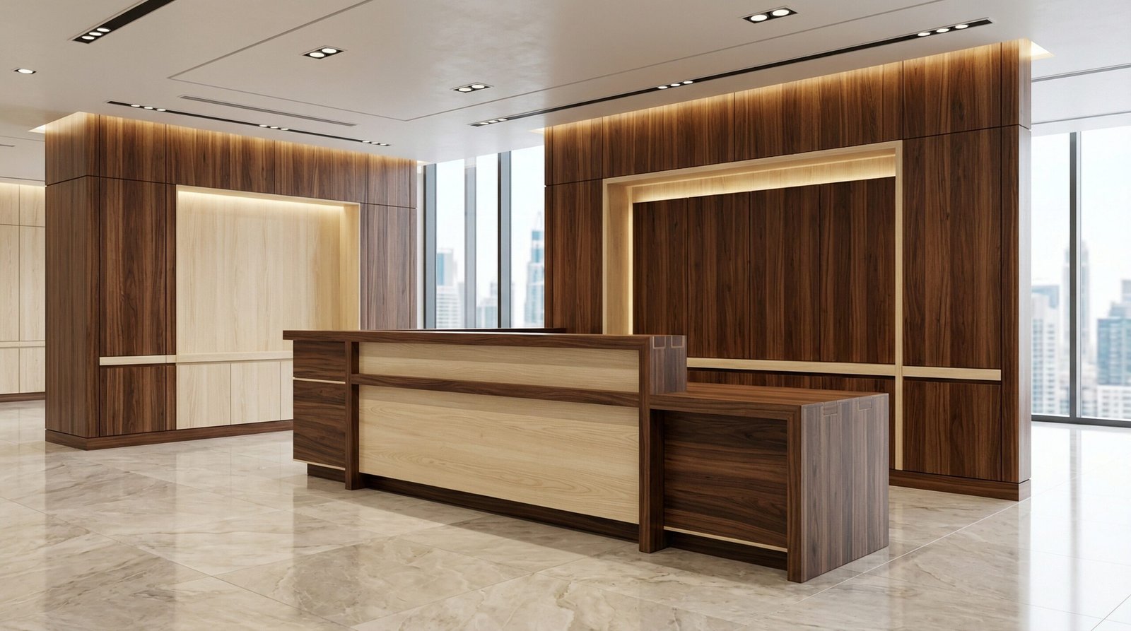 Grand solid walnut and ash reception desk integrated into matching wall paneling in a premium Dubai office.