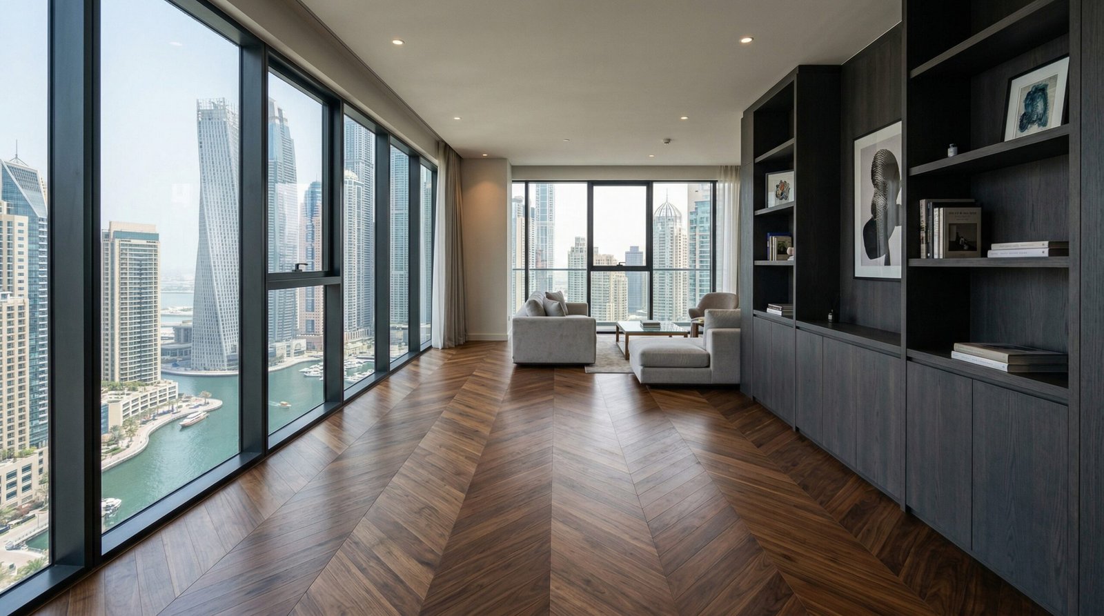 American walnut chevron parquet floor in a high-rise Dubai Marina apartment with built-in shelving.