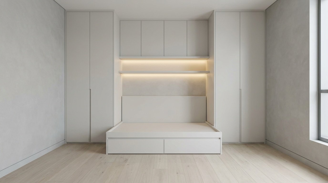Space-optimized fitted bedroom furniture combining bed platform, integrated wardrobes, and floating study shelf in a Dubai apartment by Karnak Carpentry