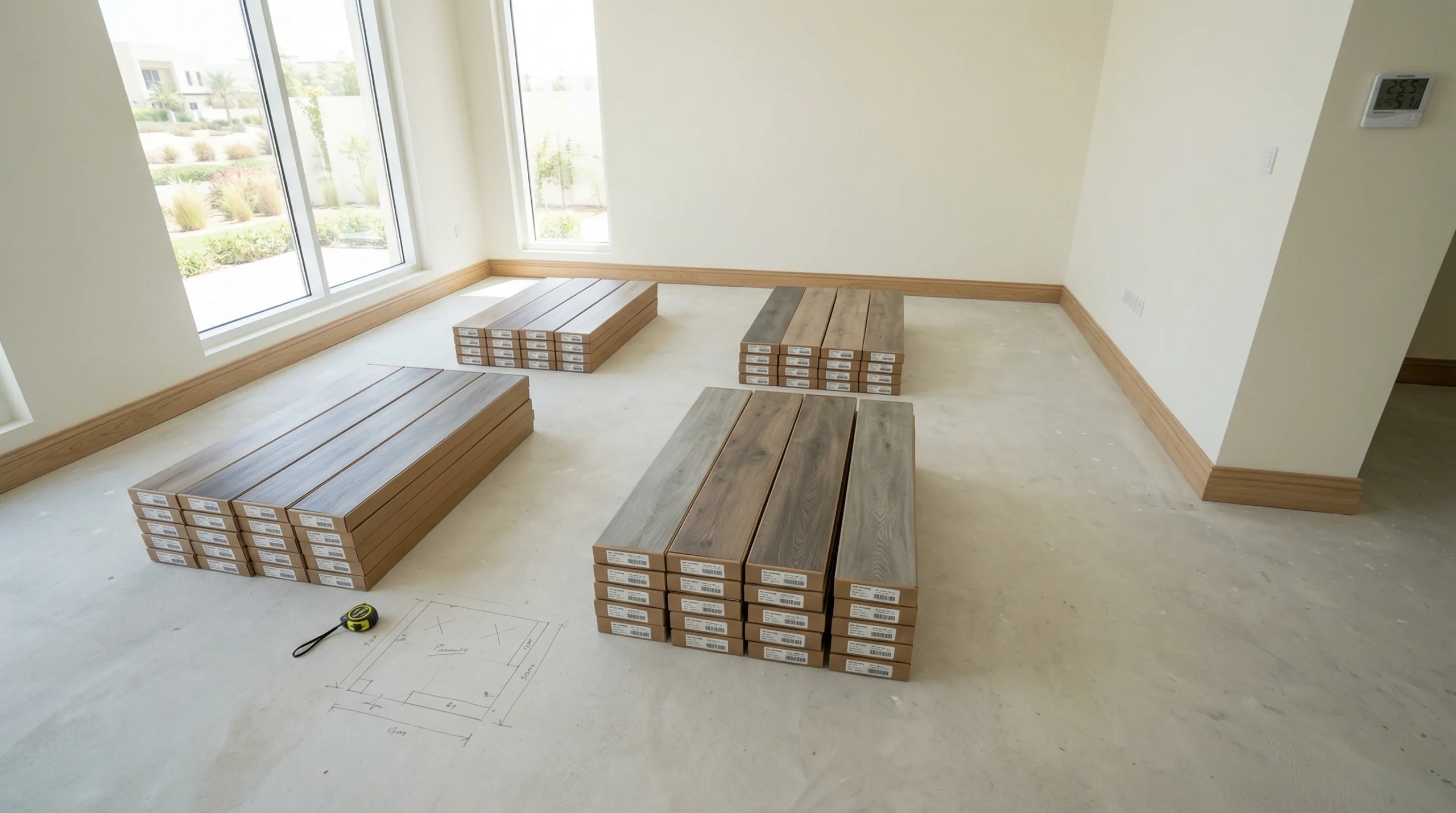 Boxes of SPC flooring acclimatizing in an Arabian Ranches villa before Karnak Carpentry installation.