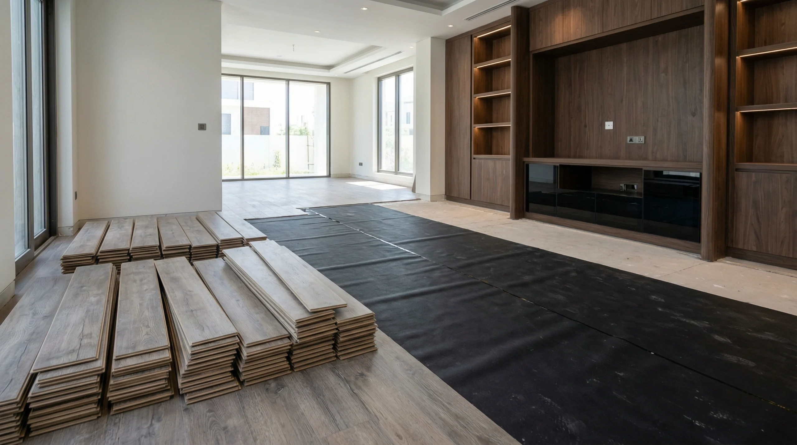 Weathered oak SPC planks acclimatizing and underlay laid out during installation preparation in Dubai Hills.
