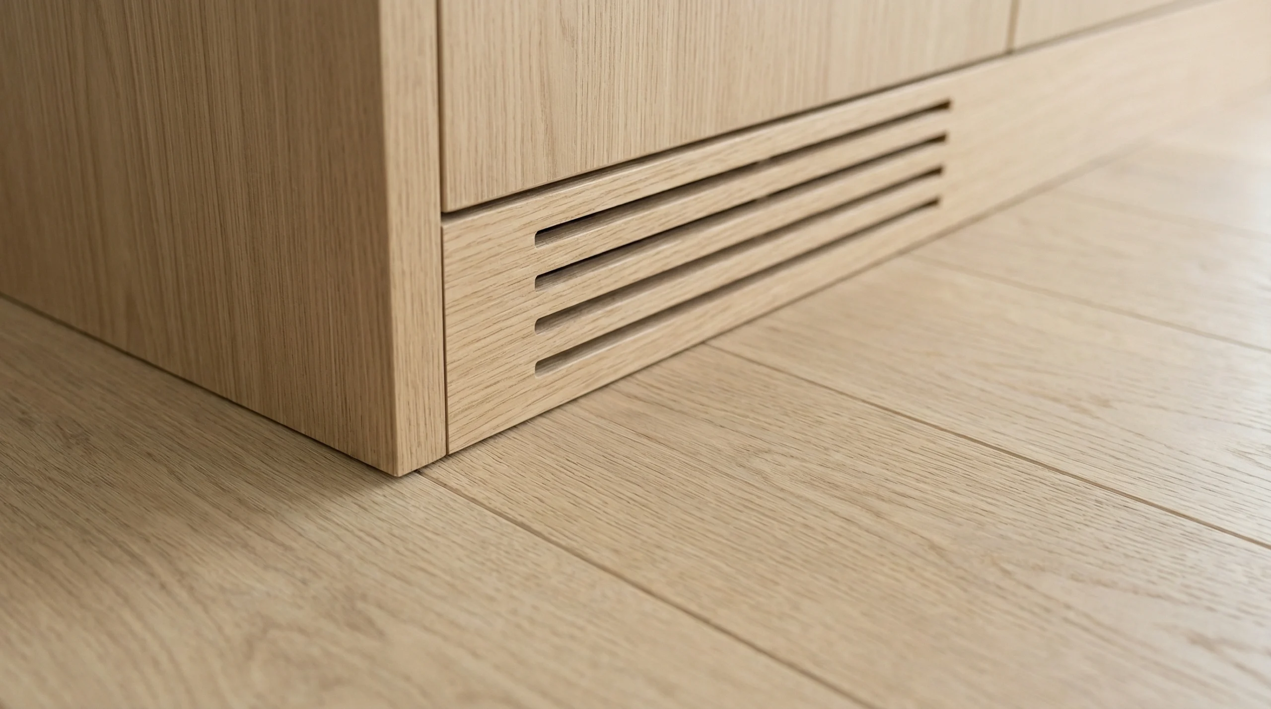 Light oak SPC flooring meeting built-in cabinet with matching wood vent.