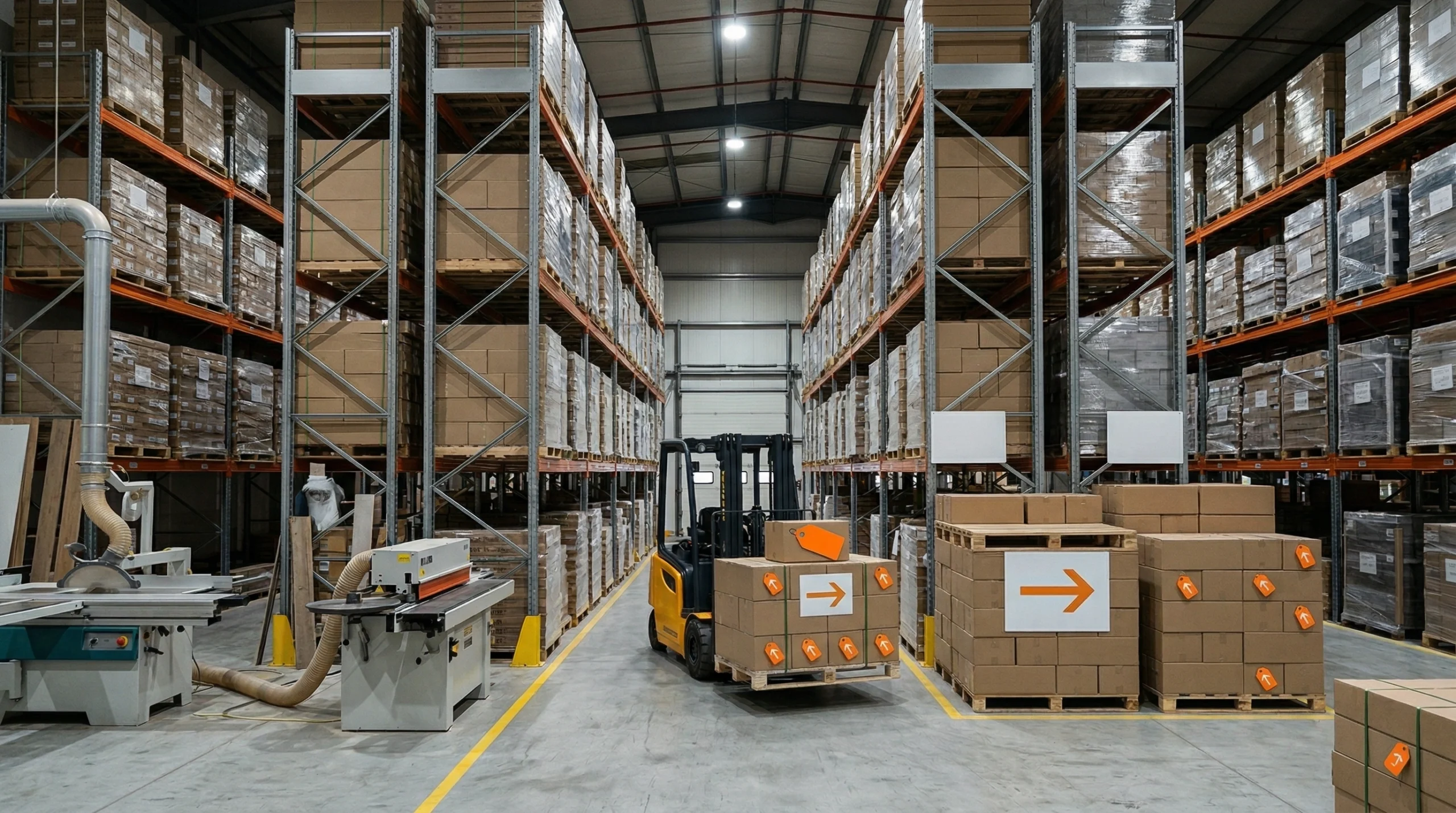 Organized warehouse racking with diverse pallets of SPC flooring stock in Al Quoz, Dubai.